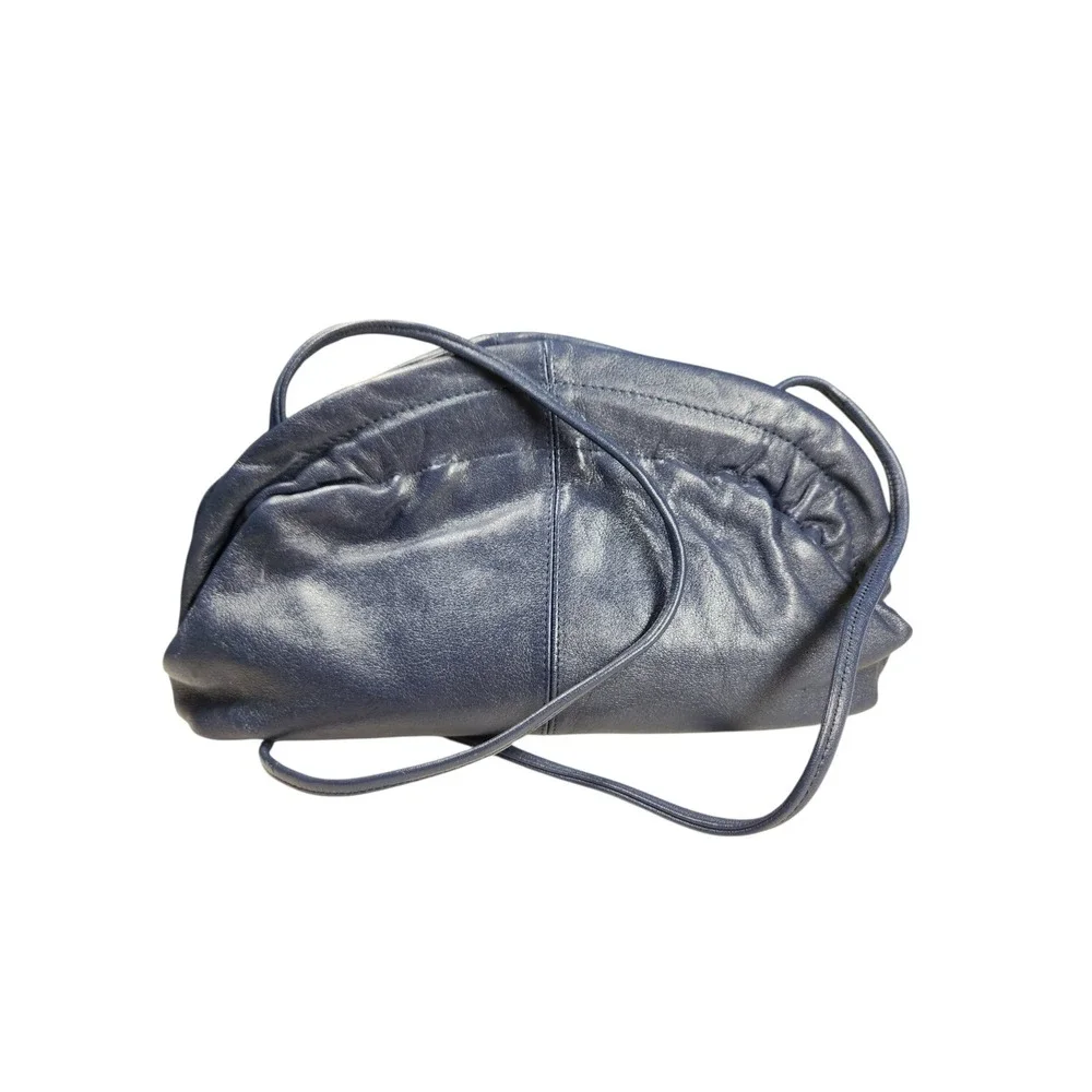 Vintage Blue Leather Cloud Pouch Slouchy Dumpling Bag Crossbody Clutch 90s Retro